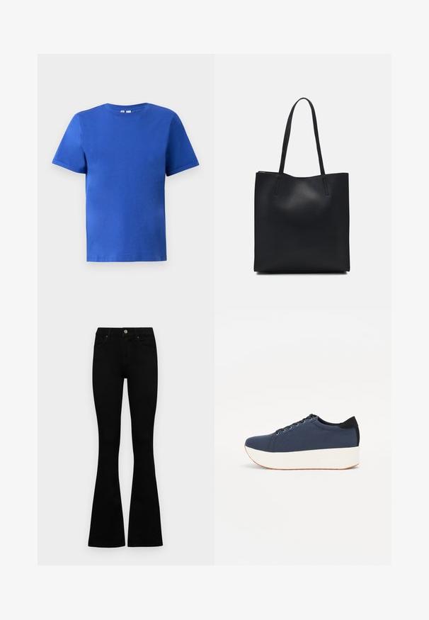 Trumpas rankovės marškinėliai iš ryškiai mėlynos medvilnės, turintys apvalią iškirptę ir glotnų paviršių be matomų raštų ar akcentų.; Juodos aukšto liemens džinsai su mygtuku ir užtrauktuku, priekinėmis kišenėmis ir platėjančiomis kojomis, išdėstyti ant baltos fono.; Tamsiai mėlynas sportinis batelis su tekstūruotu audiniu viršuje, baltu platformos padu, apvaliu pirštu ir juodu kulno akcentu.š. Yra šešios skylės raišteliams.; Juodas odinis tote krepšys su lygia tekstūra, stačiakampio formos ir dviem ilgais rankenomis. Matomų metalinių detalių ar puošybos nėra.