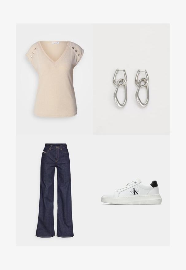 Kreminė V formos iškirptė marškinėliai, pagaminti iš blizgančios medžiagos, su trumpomis rankovėmis, puošti trimis dekoratyvinėmis sagutėmis ant kiekvieno peties ir prigludusio stiliaus.; Tamsiai mėlynos plačios kojų džinsinės kelnės iš denimo audinio su aukštu liemeniu, su oranžinėmis siūlėmis, penkių kišenių dizainu ir sagčių užsegimu.; Balti žemakulniai bateliai su juodu kulno dangteliu, platformos padu, raišteliais ir Calvin Klein "CK" logotipu šone.; Calvin Klein STATEMENT LINKS - Auskarai - silver-coloured