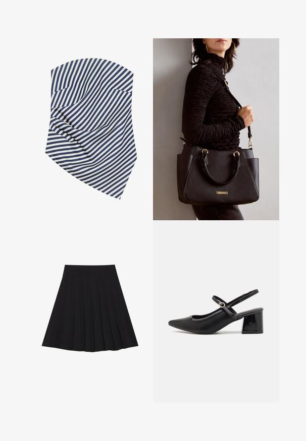 Navy ja valkoisia raitoja sisältävä kangas, jossa on viistoja linjoja ja pehmeitä taitoksia. Materiaali näyttää sileältä, jossa on hieno kiilto ja terävät reunat.; Musta taitettu hame, joka on valmistettu teksturoidusta kankaasta ja jossa on tiukka vyötärö. Laskeutuu polveen, ja siinä on suora ja siisti siluetti.; Musta lakattu nahka slingback-korkokengät, joissa on terävä kärki, pyöreä aukko-muotoilu ja lohkokorko. Varustettu kultasävyisellä solkiyksityiskohdalla.; Musta käsilaukku, jossa on teksturoitu pinta, kaksi yläkantta ja säädettävä olkahihna. Varustettu kultasävyisillä varusteilla ja sivutaskuilla.
