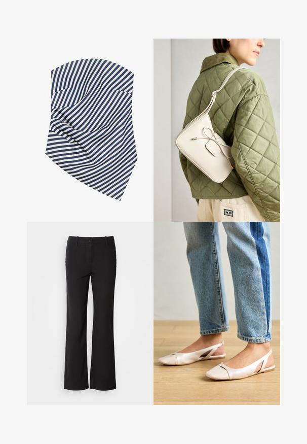 Námornícka a biela pruhovaná textília, so šikmými líniami a jemnými záhybmi. Materiál sa zdá byť hladký s miernym leskom a ostrými okrajmi.; Čierne nohavice z bavlneného zmesového materiálu s rovnými nohavicami, predným zapínaním na gombík a dvoma bočnými vreckami. Hladká textúra, žiadne viditeľné vzory.; Svetloružové slingback baleríny s jemne špicatou špičkou, vyrobené z hladkého materiálu pripomínajúceho kožu. Majú výrezové detaily na stranách a plochý opätok.; Bežová kožená crossbody taška s detailom mašle, zlatým kovaním a jedným nastaviteľným popruhom, nosená cez zelenú prešívanú bundu.