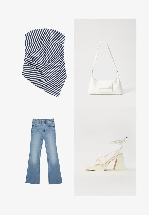 Navy ja valkoisia raitoja sisältävä kangas, jossa on viistoja linjoja ja pehmeitä taitoksia. Materiaali näyttää sileältä, jossa on hieno kiilto ja terävät reunat.; Vaaleansiniset liehitaskuhousut, jotka on valmistettu denimistä. Niissä on klassinen viiden taskun muotoilu sekä vetoketjukiinnitys napilla.; Valkoinen korkokenkä, jossa on paksu korko, ja joka sisältää nauhakiinnityksen ja nilkkaketjun. Sujuva pinta, jossa on platform-etupohja lisäkorkeutta varten.; Valkoinen synteettinen käsilaukku, jossa on kolmikulmainen muoto, tasainen etu läppä ja nauhadetail, säädettävä olkahihna, sileä rakenne ja minimalinen muotoilu.
