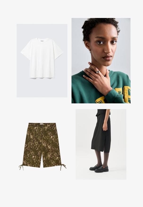 Valge puuvillane T-särk, millel on mugav lõige, lühikesed varrukad ja ümar kaelus. Omab minimalistlikku disaini, ilma mustrite või aktsentideta.; Roheline ja pruunikate kamuflaažimustriga lühikesed püksid, valmistatud kergest materjalist. Soodavad küljetaskud ja reguleeritavad sidemed alläärtes.; Must mustre, millel on küljes lõhe, mustad mokassiinid ja läbipaistvad pruunid sukkpüksid, hellitad sujuva kangaga ja lihtsa disainiga.; Hõbedane sõrmus sileda, kaarja disainiga, millel on tähe aktsent. Mudel kannab rohelist sviitrit, millel on kollane tekst, käed kaela lähedal.