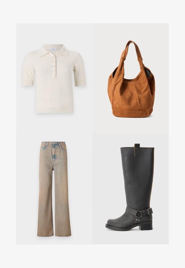 Krém színű, rövid ujjú polo póló, texturált felszíne van, amely gallérral és öt gombos záródással rendelkezik elöl.; Fényes mosású, magas derekú, bő szárú farmernadrág. Finom varrásokkal és öt zsebbel rendelkezik, enyhén elhalványult textúrával.; Fekete bőr, térd fölé érő csizma texturált felülettel, oldalán csat díszítéssel és alacsony sarokkal. Részletes varrások a varrások mentén.; Barna velúr válltáska puha textúrával, ívelt formával és két füllel. Jellemzője a minimalista dizájn, amelyen nincsenek látható fémrészletek vagy díszítések.