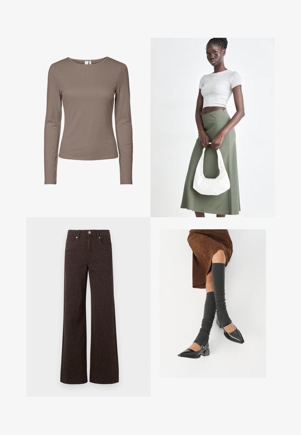 Garā piedurkņu pieguļošs krekls ar apaļu kakla izgriezumu bez raksta vienkrāsainā taupe krāsā ar ribota tekstūra.; Brūni platās kājas džinsi ar smalku leoparda rakstu, izgatavoti no denima ar gludu tekstūru un klasisku piecu kabatu dizainu.; Melnas laka ādas apavi ar norādītu purngalu, blokveida papēdi un potīšu jostu, saskaņoti ar pelēkām ribotām kāju sildītājām un brūnu zamšādas svārku.; Pelēks ribots īsais tops un olīvzaļš augstās vidukļa svārki. Modelis tur baltu plecu somu ar izgriezumiem. Vienkāršs dizains, pieguloša silueta.