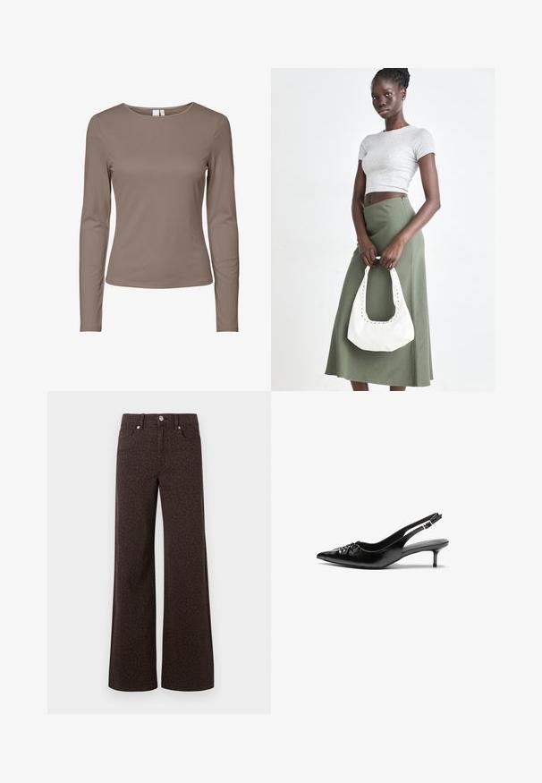 Langärmliges, eng anliegendes T-Shirt mit Rundhalsausschnitt in einfarbigem Taupe, schlichtem Design und geripptem Stoff.; Braune Schlagjeans mit subtilen Leopardenmuster, gefertigt aus Denim mit glatter Textur und klassischem Fünf-Taschen-Design.; Schwarze Leder-Slingback-Absätze mit einer spitzen Zehenform, kleinen Kitten-Absätzen und einem dekorativen Knoten-Detail auf der Vorderseite. Glatte Textur über die gesamte Fläche.; Grauer gerippter Croptop und olivgrüner Rock mit hoher Taille. Das Modell hält eine weiße Schultertasche mit Ausschnittdetails. Schlichte Gestaltung, taillierte Silhouette.