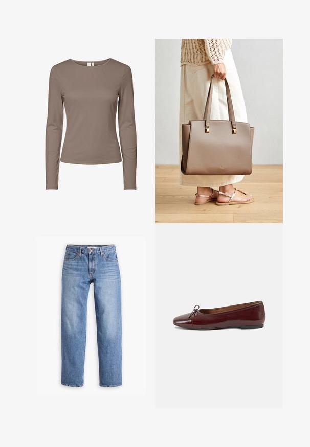Långärmad, figurnära t-shirt med rund hals i en enhetlig, taupe färg med enkelt mönster och ribbad textur.; Ljusblå denimjeans med rak passform, fem fickor och dragkedja. Tyget har en klassisk texturerad yta med lätt blekning.; Burgunderfärgad lackläderballettskor med rund tå, liten rosettdekoration fram och en låg, svart gummisula. Slät textur.; Brun syntetisk axelväska med två långa handtag, fyrkantiga metalliska detaljer och en subtil logotyp. Bärs med en ljus krämfärgad kjol och sandaler.