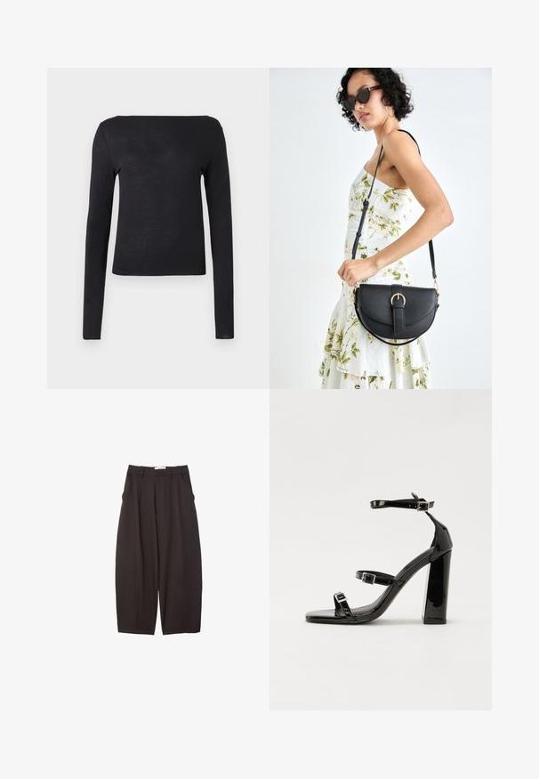 Mustapaitainen pitkähiha, jossa on suora kaula-auko ja kapea muotoilu, valmistettu pehmeästä ja kevyestä materiaalista. Yksinkertainen ja tasavärinen ilman kuvioita.; Mustat leveälahkeiset housut, jotka on valmistettu sileästä kankaasta. Niissä on korkea vyötärö, etupleatsit ja sivutaskut. Yksinkertainen muotoilu ilman koristeita.; Musta kiiltäväpintainen korkokengät, joissa on kaksi solkikiinnitystä, neliönmuotoinen kärki ja paksu korko, sileällä, kiiltävällä pintarakenteella.; Musta nahkainen käsilaukku, joka on kaareva muotoilultaan, irrotettavalla hihnalla ja kultaisilla yksityiskohdilla. Laukussa on läppä, jossa on solk yksityiskohta.