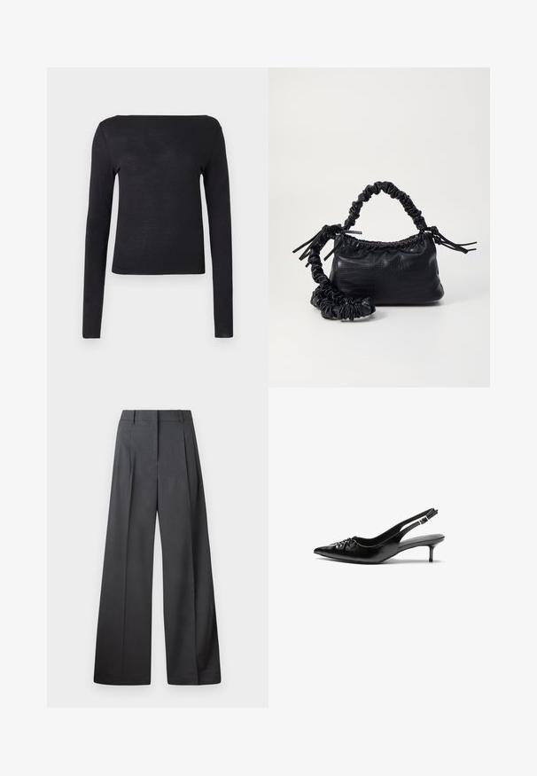 Mustas pikkade varrukatega särk otse kaelusega ja keha järgiva disainiga, valmistatud pehmest ja kergest materjalist. Lihtne ja ühevärviline, ilma mustriteta.; Tumesed püksid tumesinises kangas, kõrge vöökoht, üks voldik ning sile struktuur puhaste ääristega.; Musthave nahkased kõrged kontsad, millel on terav varvas, väike kitten-kont ja dekoratiivne sõlm ees. Ühtlane sile tekstuur.; Must must sünteetilisest nahast käekott, millel on krokodillimuster, kokku tõmmatav ülaosa ja kortsus rihm. Tundub pehme ja kompaktne disain.