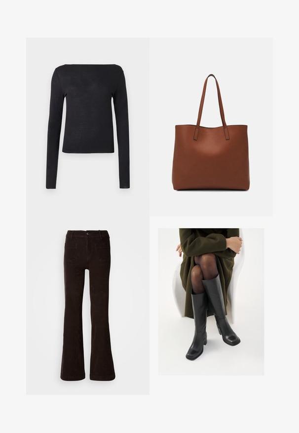 Camisa preta de manga longa com um decote reto e design ajustado, feita de um material leve e macio. Simples e de cor sólida, sem padrões.; Calças folgadas de veludo cotelê castanho com acabamento texturizado, apresentando fecho frontal com botões, passantes para cinto e dois bolsos traseiros.; Botas de couro pretas até ao joelho com biqueira quadrada e salto em bloco, apresentadas com um modelo sentado num casaco verde-azeitona. Textura lisa, com detalhes mínimos.; Bolsa tote de couro castanho com uma textura suave, design de abertura superior e duas alças para o ombro. Apresenta costura mínima e sem hardware visível.