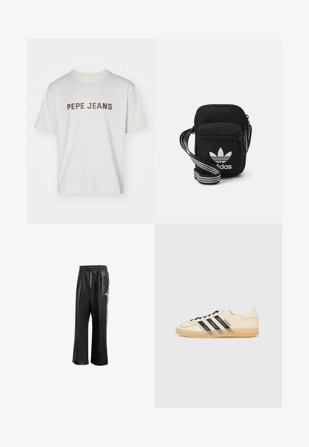 Camiseta de algodón blanca con la inscripción "PEPE JEANS" en letras marrones negritas en el pecho. Cuello redondo estándar y mangas cortas.; Pantalones de chándal sintéticos negros con cinturilla elástica, que presentan rayas laterales blancas y un pequeño logo blanco en la cadera izquierda.; Zapatillas de deporte de color crema claro con diseño de tres rayas negras, parte superior texturizada, punta redonda y suela de goma. Incluye cordones y logotipo en el lateral.; Bolso cruzado de tela negra con cierre de cremallera, que presenta un logo blanco de Adidas y una correa ajustable a rayas para un fácil transporte.
