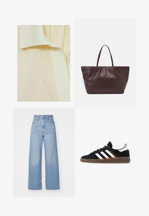 Vaaleankeltainen kangas, jossa on tekstuuri pinta, ja reunoilla on sileä, hieman kohotettu nauha. Ei erottuvia kuvioita tai koristeita.; Vaalean siniset korkeavyötäröiset löysät farkut, joissa on etuvetoketju ja nappikiinnitys, sekä edessä että takana taskut, valkoista taustaa vasten.; Mustat Adidas-nikeset, joissa on valkoiset raidat, kultaiset "Spezial"-tekstiset, kumipohja ja valkoinen kantapää, esitetty sivuprofiilissa.; Ruskea kudottu nahkainen kassi, jossa on kaksi kahvaa, jämäkkä muoto ja teksturoitu pinta, johon on kuvioitu timanttimalli.