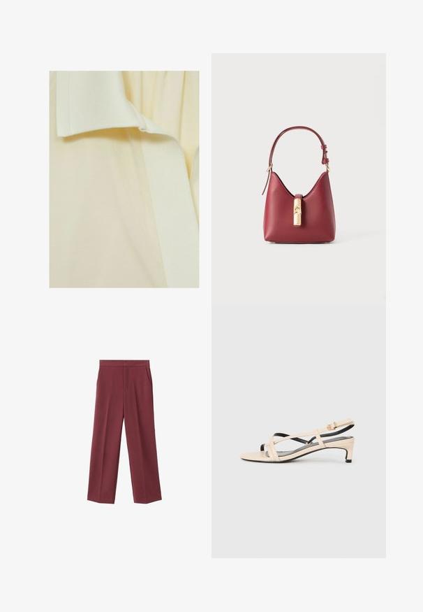 Svijetlo žuta tkanina s teksturiranom površinom, koja ima gladak, blago uzvišen pojas duž ruba. Bez istaknutih uzoraka ili naglasaka.; Bordo široke hlače od glatkog materijala, s bočnim džepovima i visokim strukom. Krojene s urednim prednjim pregibom.; Bež kožne sandale s remenčićima, križnim trakama, niskom potpeticom i crnim detaljima. Glatka tekstura i minimalistički dizajn.; Crvena kožna torba sa značajnim zakrivljenim oblikom, podesivim remenom i zlatnim kopčom na prednjoj strani. Glatka tekstura, minimalistički dizajn.