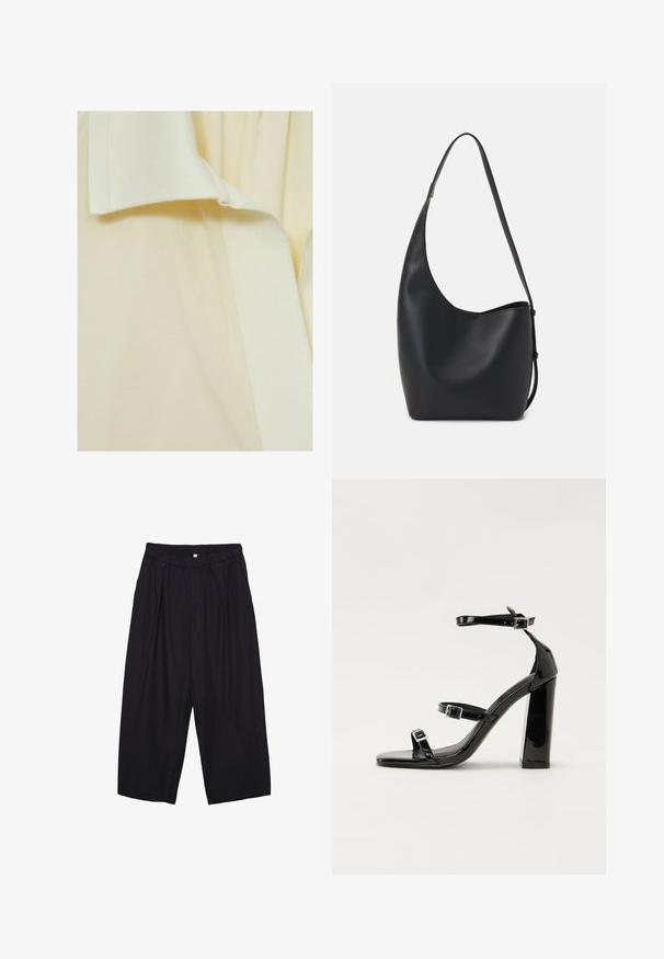 Hellgelber Stoff mit einer strukturierten Oberfläche, der entlang der Kante ein glattes, leicht erhöhtes Band aufweist. Keine ausgeprägten Muster oder Akzente.; Schwarze Polyester-Culotte mit einem elastischen Bund, zwei vorderen Falten und einer lockeren Silhouette. Keine sichtbaren Muster oder Hardware-Details.; Schwarze patentierte Sandalen mit Absatz, quadratischer Spitze, Knöchelriemen und silbernen Schnallen. Mit einem stabilen Blockabsatz für mehr Stabilität.; Schwarze Leder-Hobo-Tasche mit einer glatten Textur, geschwungener Form und einem einzelnen verstellbaren Tragegurt; verfügt über eine weite Öffnung am oberen Ende.