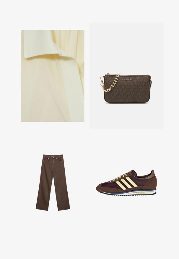 Světlý žlutý textil s texturovaným povrchem, který má hladký, mírně vyvýšený pruh podél okraje. Žádné jasně vyznačené vzory ani akcenty.; Hnědé džíny s širokými nohavicemi vyrobené z denimu, s vysokým pasem, předními kapsami a klasickým zapínáním na knoflík. Hladká textura s jemným švem.; Hnědé a burgundské tenisky z semiše a síťoviny, s třemi krémovými pruhy, texturovaným materiálem na jazyku a gumovou podrážkou.; Hnědá kožená crossbody taška s logem, zlatým řetízkem, zipovým uzávěrem a zlatými akcenty. Kompaktní a obdélníkový tvar.