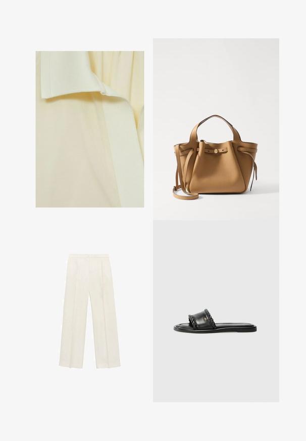 Hellgelber Stoff mit einer strukturierten Oberfläche, der entlang der Kante ein glattes, leicht erhöhtes Band aufweist. Keine ausgeprägten Muster oder Akzente.; Weit geschnittene Hosen in einem hellen cremefarbenen Farbton. Hergestellt aus einem glatten Stoff mit Falten an der Vorderseite und seitlichen Taschen.; Schwarze Ledersandale mit einem gewebten Riemen-Detail, flacher Sohle und schlankem Design. Glatte Textur und minimalistisches Profil.; Tory Burch ROMY PEBBLED SATCHEL - Handtasche - tiramisu
