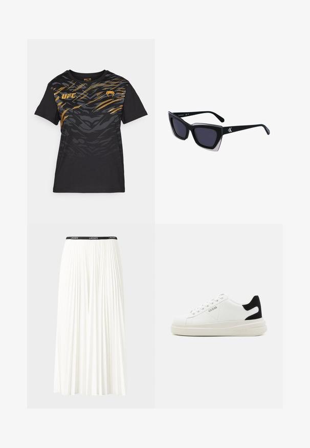 Fekete, rövid ujjú póló, texturált, absztrakt sárga és szürke dizájnnal. Az elején brand logó található. Puha anyagból készült.; Plisszírozott fehér szoknya fekete elasztikus derékkal, amelyen a "LACOSTE" logó található. Középhosszú kialakítás, puha tapintással.; Fehér bőr sportcipők vastag fehér talppal, fekete velúr sarokpikkelyel és dombornyomott logóval az oldalon. Fűzős kialakítás, hat fűzőlyukkal.; Fekete, nagyméretű napszemüveg geometrikus formával, sötét lencsékkel és kontrasztos szürke részlettel a kereten. Logó a szárán.