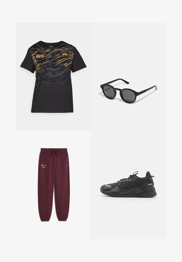 Juodas trumpomis rankovėmis marškinėliai su tekstūriniu, abstrakčiu geltonu ir pilku raštu. Priekyje yra prekės ženklo logotipas. Pagaminta iš minkštos medžiagos.; Bordo sportinės kelnės su elastingu juosmeniu ir raišteliu, su BMW Motorsport ir Puma logotipais atspaustais balta spalva.; Juodi sportiniai bateliai su tekstūruotu paviršiumi, pagaminti iš tinklo ir sintetinės medžiagos, storesne padanga ir atspindinčiais akcentais matomumui.; Juodos saulės akiniai su apvaliu, šiek tiek banguotu rėmeliu, tamsiais objektyvais ir tiesiomis juodomis kočelėmis. Lygus, blizgus paviršius be matomų raštų.