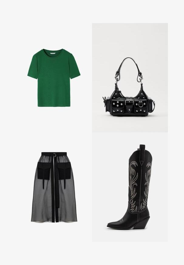 T-shirt verde a maniche corte realizzato in tessuto morbido. Presenta un collo rotondo e una vestibilità rilassata con bordi puliti. Nessun motivo o accento.; Gonna nera trasparente con una vita arricciata, dotata di due ampie tasche frontali, un laccetto in vita e un ornamento metallico circolare.; Stivali da cowboy in pelle nera con punte affusolate, tacchi a zoccolo e motivi floreali ricamati in argento lungo il gambale. Cuciture a contrasto in tutto lo stivale.; Borsa a mano in pelle nera con design curvo, caratterizzata da borchie argentate, una fibbia e due tasche laterali. Tracolla regolabile per diverse opzioni di trasporto.