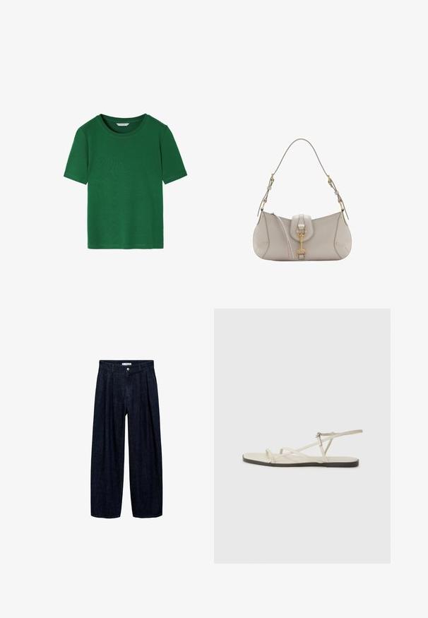 Tricou verde cu mânecă scurtă, fabricat dintr-un material moale. Dispune de un guler rotund și o croială lejeră cu margini curate. Fără modele sau accente.; Pantaloni largi din denim închis, cu pliseuri la talie, având un button frontal și pasaje pentru curea. Textură netedă și design pe întreaga lungime.; Sandalie plate bej cu multiple bretele subțiri și o cataramă ajustabilă. Talpa este plată, cu un ușor contrast întunecat la margine.; Geantă de mână din piele gri deschis, cu o formă curbată, accesorii din aur, un sistem de închidere în față și detalii cusute. Include o curea de umăr ajustabilă.