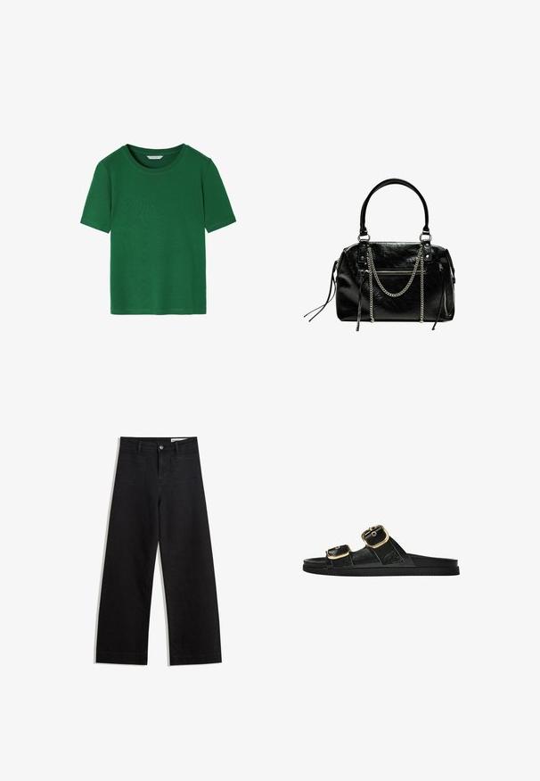 Grøn kortærmet t-shirt lavet af blødt stof. Har en rund halsudskæring og en afslappet pasform med rene kanter. Ingen mønstre eller accenter.; Sorte wide-leg denim bukser med høj talje, der har front- og baglommer, syede sømme og en knaplukning. Glat tekstur.; Sort skridsandal med to guldspænder, glat tekstureret materiale, flad sål og et minimalistisk design.; Bershka WITH CHAIN - Håndtasker - black