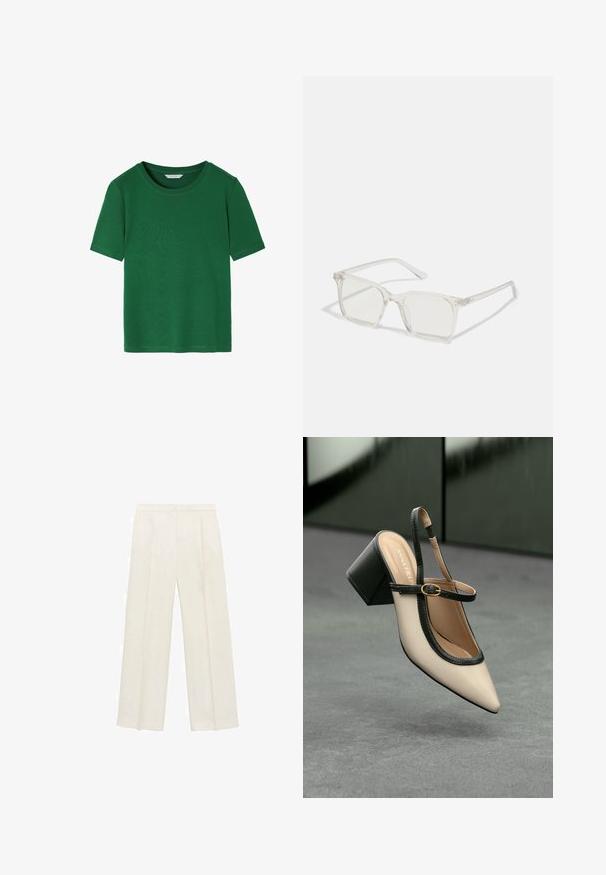 Grøn kortærmet t-shirt lavet af blødt stof. Har en rund halsudskæring og en afslappet pasform med rene kanter. Ingen mønstre eller accenter.; Bredbenede bukser i en lys cremefarve. Fremstillet af et glat stof med plisseringer foran og sidelommer.; Beige spids tå slingback sko med sort kant, guld spænde og en chunky blokhæl på grå gulv med mørkegrøn baggrund.; Klare plastiske briller med firkantet ramme og gennemsigtige linser, der har guld accenter på tempelstængerne for ekstra detaljer.; Brun læderhåndtaske med en rund form, sølv hardware og dekorativt syning. Har skulderrem og spændeåbning.