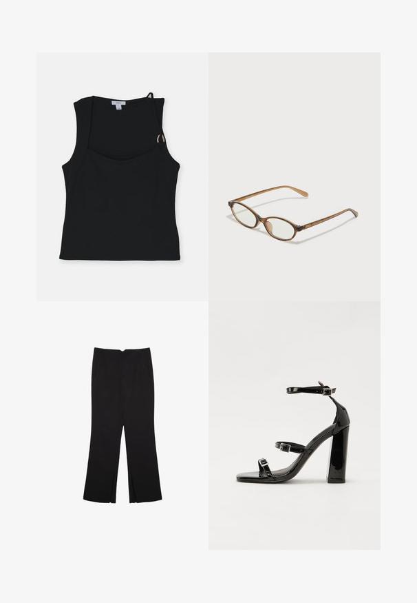 Sort ærmeløs top med firkantet udskæring, der har en knyttet stropdetalje og guldhardware accenter. Lavet af glat, strækbart stof.; Sorte bukser med lige pasform, der har frontlommer og slidser i kanten. Lavet af blødt, glat stof. Velegnet til forskellige anledninger.; Sorte patenterede hælsandaler med firkantet tå, ankelremme og sølvspænder. Har en chunky blokHæl for stabilitet.; Brune skildpaddemønstrede briller med ovale linser, tynde arme og gennemsigtige accenter. Har et diskret logo på stangen. Slankt, let design.