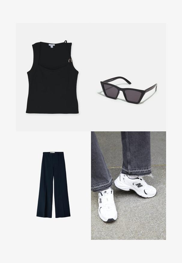 Black sleeveless top with a square neckline, featuring a knotted strap detail and gold hardware accent. Made of smooth, stretchy fabric.; Navy wide-leg trousers made from a smooth fabric, featuring two front pleats and a single button closure at the waist.; White New Balance sneakers feature a mesh and synthetic upper with black accents. Worn with frayed hem gray jeans on a textured surface.; Black, angular sunglasses with gray lenses; made of plastic, featuring thick arms with a smooth surface and no visible hardware.
