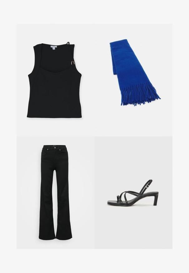 Must läikiv must top, millel on ruudukujuline kaelus, knootitud rihmad ja kuldne detail. Valmistatud siledast ja venivast kangast.; Mustad laiad teksapüksid, valmistatud denimist, kõrge vöökoht, viis taskut ja metallist nööpkinnitus. Sujuv tekstuur väheste detailidega.; Mustast rihmajalatsid ruudukujulise varba ja madala ploki kontsaga. Omab mitmeid õhukesi rihmasid ja reguleeritavat pahkluu rihma. Valmistatud siledast nahast.; Sinine kudumisega sall, millel on soonilised otstes, sile tekstuur, ristküliku kujuga ja ühtlane värv kogu ulatuses. Sobib külmade ilmade jaoks.; Hõbedased rõngaskõrvarõngad, millel on sujuv, ümmargune disain ja poleeritud viimistlus. Need on õhukesed ja kerged, omades lihtsat klambrit.