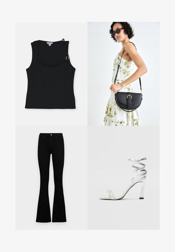 Fekete ujjatlan felső négyzet alakú nyakkivágással, csomózott pánt részlettel és arany kiegészítőkkel. Simogatós, rugalmas anyagból készült.; Fekete, magas derekú farmernadrág gomb- és cipzárzárral, elülső zsebekkel és harangszárral, laposan egy fehér háttérre terítve.; Ezüst színű, magas sarkú szandál, csillogó pánt dizájnnal, gyöngyszerű díszítéssel és spirális bokapánttal a biztos illeszkedés érdekében.; Fekete bőrtáska ívelt formával, levehető pánttal és arany színű fémrészekkel. A táskán egy csattal díszített fedél található.