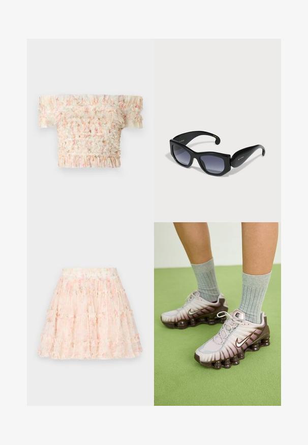Off-the-shoulder top with ruffled edges, featuring a smocked design in pastel colors, lightweight fabric, and a textured finish.; Needle & Thread DITSY SMOCKED MICRO MINI SKIRT - Mini skirt - moonshine pink; Nike sneakers in light pink and brown, featuring a textured upper, layered design, and cushioning outsole with visible air units.; Black square-framed sunglasses with gradient lenses. Glossy finish, thick arms featuring gold logo detail. Classic and modern design.
