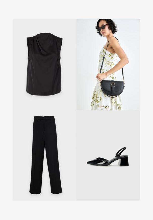 Melna bezdelīga blūze no zīdaina auduma. Nedaudz sagāzta aizmugure, noapaļots apakšmalas dizains, gluda tekstūra un minimālistisks izskats bez redzamām aizdariem.; Melnas platajās bikses, kas izgatavotas no gludas auduma, ar klasisku jostu un pogu aizdari, kā arī priekšējām kroku detalizācijām.; Melna lakota āda ar atvērto papēdi, ar smailu purngalu un ģeometrisku blokpapēdi. Iezīmējas elegants, minimāls dizains un gluda tekstūra.; Melnas ādas rokassoma ar izliekta formu, noņemamu siksnu un zelta aksesuāriem. Somai ir vāciņš ar sprādzes detaļu.