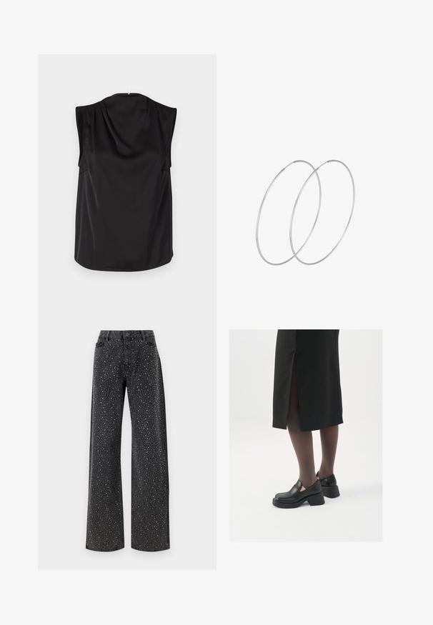 Črn brezrokavnik iz svilnate tkanine. Rahlo drapirana hrbtna stran, zaobljen rob, gladka tekstura in minimalističen dizajn brez vidnih zaponk.; Noisy May NMJANNEL LOOSE - Široke kavbojke - black denim; Črne usnjene čevlje s zaobljenim prstom, debelim blokastim petama in elastičnimi stranskimi detajli, v kombinaciji s temno nogavicami in črno krilo z razporkom.; Srebrne uhane v obliki obroča z minimalističnim dizajnom. Krožna oblika, gladka tekstura in tanek profil. Lahki s poliranim zaključkom.