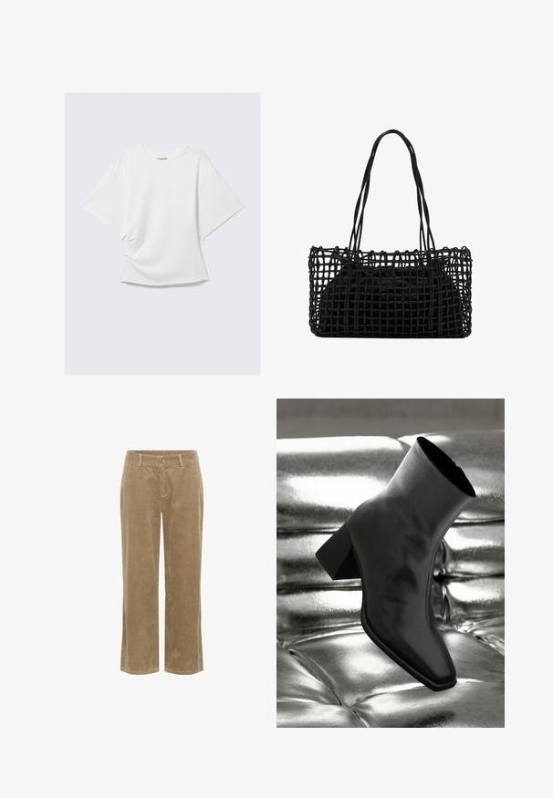 Bela prevelika kratka majica s okruglim izrezom i slobodnim krojem, prikazana ravno na svijetlosivoj pozadini.; Bež kordurojske hlače z zankami za pas, sprednjim gumbom, zadrgo in ravnim krojem.; Črne gležnjarje iz sijočega materiala s kvadratnim prstom in zoženim peto, postavljene na sijoče srebrno oblazinjeno ozadje.; Črna tkanina torba z odprtim mrežastim dizajnom in dvema dolgima ročajema. Ima trden črn notranji del torbe za shranjevanje.