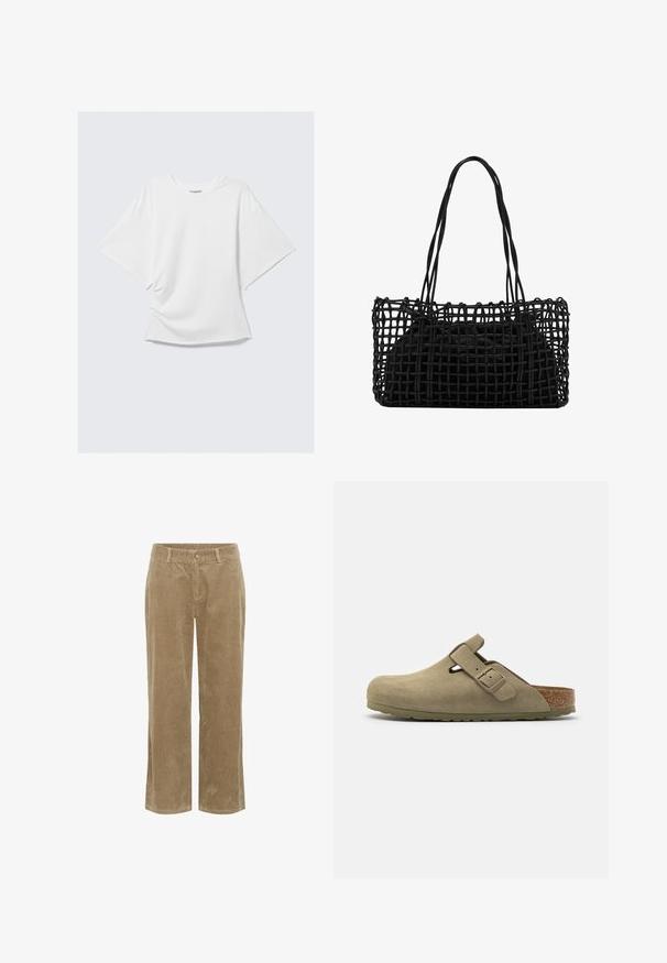 Weißes, übergroßes T-Shirt mit kurzen Ärmeln und Rundhalsausschnitt, locker sitzend, auf einem hellgrauen Hintergrund flach präsentiert.; Beige Cordhosen mit Gürtelschlaufen, vorderem Knopf, Reißverschluss und geradem Bein. ; Olivgrüne Wildlederclogs mit runder Zehenpartie, verstellbarem Riemen, Korkfußbett und strukturiertem Gummisohle, die mit einer glatten Oberfläche und Ausschnittdetails versehen sind.; Schwarze geflochtene Handtasche mit einem offenen Netzdesign und zwei langen Griffen. Verfügt über eine solide schwarze Innentasche zur Aufbewahrung.