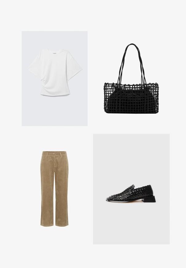 T-shirt blanc surdimensionné à manches courtes et encolure ronde, avec une coupe loose, présenté à plat sur un fond gris clair.; Pantalons en velours côtelé beige avec passants de ceinture, bouton frontale, fermeture éclair et coupe droite.; Chausson en cuir noir tressé à enfiler avec un petit talon carré et des détails festonnés, présenté sur un fond blanc.; Sac à main noir en tissage avec un design en mailles ouvertes et deux longues poignées. Dispose d'un sac intérieur noir solide pour le rangement.