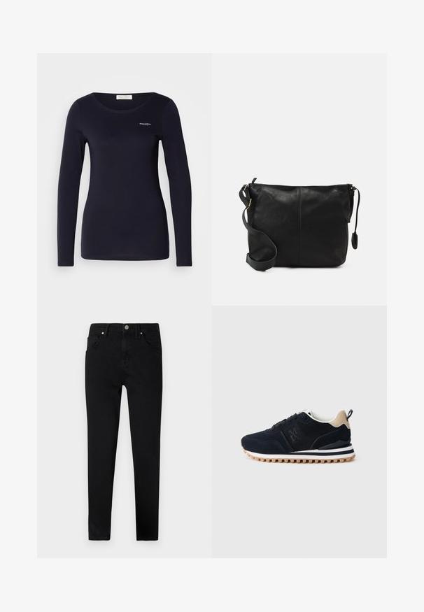 Jūrų laivyno ilgos rankovės marškiniai, pagaminti iš minkštos, tamprių medvilnės, su apvalia apykakle. Savybė – mažas logotipas viršutiniame kairiajame krūtinės kampe.; Juoda džinsinio audinio kelnės su siauromis kojomis, turinčios priekinius sagos užsegimus, diržo kilpeles ir klasikinį penkių kišenių dizainą. Lygus paviršius.; Tamsiai mėlynos sportinės bateliai su tinklelio ir zomšinėmis viršutinėmis dalimis, smėlio spalvos akcentais, balta pado viduriu ir tekstūruota gumine išorine dalimi su raštuotu protektoriumi.; Juodas odinis per petį nešiojamas krepšys plokščia forma, su auksiniais detalių akcentais ir reguliuojama juosta. Lygi tekstūra su minimaliais siuvimo elementais.