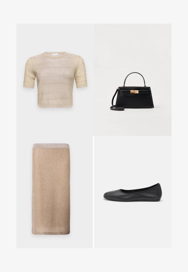 Kortærmet, cropped sweater i lys beige med metallisk glimmer. Glat tekstur med vandrette striber og en rund halsudskæring.; Beige strikket tørklæde med en subtil glans, tekstureret overflade og en lysere farvet kant øverst. Firkantet form.; Sort læderballetsko med rund tå, glat tekstur, minimal syning og et fleksibelt såldesign.; Sort læderhandtaske med en struktureret trapezform, guldfarvet spænde og kontrastfarvet hvid syning. Inkluderer et kort håndtag og en lang rem.