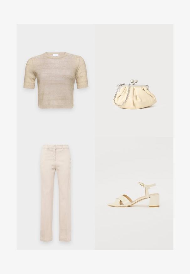 Short-sleeve, cropped sweater in light beige with a metallic shimmer. Smooth texture with horizontal stripes and a round neckline.; Beige cotton trousers with a tailored fit, straight legs, a front zipper, and a smooth texture. Features traditional belt loops.; Beige patent leather heeled sandals with cross strap design, open toe, adjustable ankle strap, and a block heel. Smooth texture.; Pleated beige leather clutch with a silver metal frame, featuring two round decorative clasps and a silver chain strap.