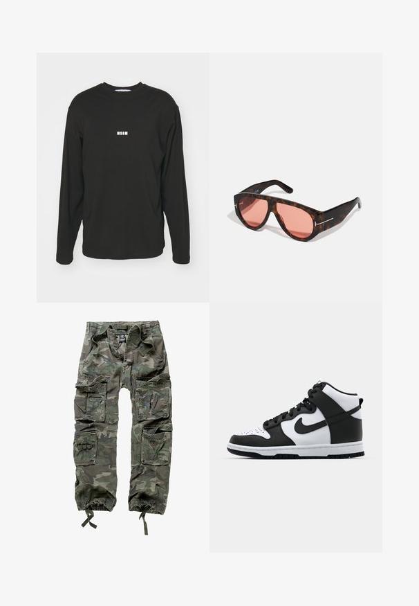 Black long-sleeve T-shirt made of cotton, featuring a small white "MSGM" logo at the chest, round neck, and relaxed fit.; Camouflage cargo pants made of cotton, featuring multiple pockets, elastic cuffs, and a loose fit with a drawstring waist.; Black and white high-top sneaker with leather upper, perforated toe box, prominent swoosh logo, and textured rubber sole.; Tortoiseshell sunglasses with pink lenses, featuring a bold angular design and thin silver hardware accents on the frames.