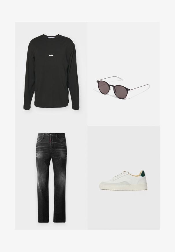 Sort langærmet T-shirt lavet af bomuld, med et lille hvidt "MSGM" logo på brystet, rund hals og afslappet pasform.; Sorte denim jeans med lige pasform. Har falmede områder, mindre slid, klassisk fem-lommer design og knaplukning.; Hvide sneakers med ruskindsdetaljer, rund tå, flade snørebånd og en cremet gummisål. Har grøn branding på hælen.; Sorte runde solbriller med mørke linser og slanke metalarme. Inkluderer klare tempeltips og sølvdetaljer ved hængslet. Minimalistisk design.