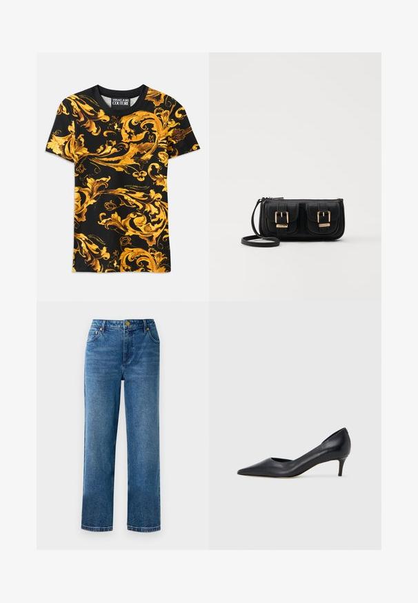 Svart T-skjorte med intrikat gull barokk mønster, med svingende design. Laget av bomull, kortermet, med logo-detalj på kanten.; Blå høyderte bukser med rett benkutt, laget av denim, med fem lommer og detaljer i gullfarget metall.; Sort lærpumps med spiss tupp og lav hæl. Har en jevn tekstur og subtil glans. Åpen utskjæring foran for ekstra detalj.; Svart skinn crossbody veske med to frontlommer, gyldne spenner, glidelåslukking og en slank stropp. Teksturert overflate og kompakt rektangulær form.