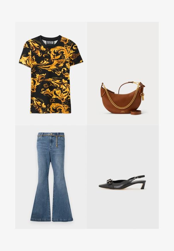 Camiseta negra con intrincado patrón barroco dorado, que presenta diseños en espiral. Tela de algodón, mangas cortas y detalle del logo en el dobladillo.; Vaqueros acampanados de mezclilla azul en un lavado medio, con un detalle de cadena dorada en la cintura y un diseño estándar de cinco bolsillos.; Zapato slingback de cuero negro con punta afilada, tacón pequeño y detalle de hebilla decorativa en la parte superior. Textura suave, diseño minimalista.; Bolso de mano de piel marrón con un diseño curvado, correa de cadena dorada, bolsillo interior y una correa de hombro desmontable. Presenta costuras en contraste.