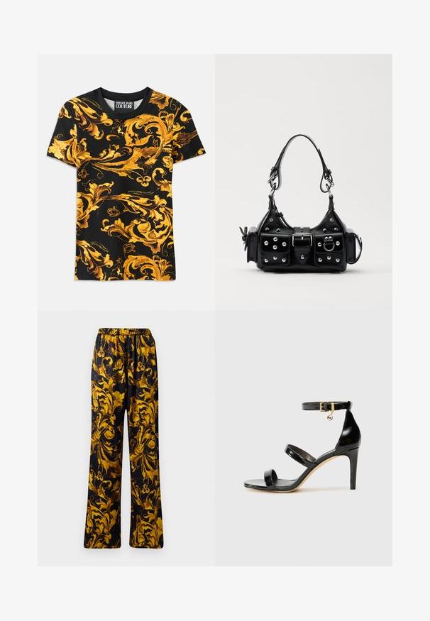 Černé tričko s propracovaným zlatým barokním vzorem, obsahující vířící designy. Bavlněná tkanina, krátké rukávy a detail loga na lemu.; Černé kalhoty s bohatým zlatým květinovým vzorem, s elastickým pasem a širokými nohavicemi. Hladká textura, lehký materiál.; Černé lakované kožené sandály se třemi pásky, sponou na kotníku a 10 cm jehlovým podpatkem. Obsahují zlaté kovové detaily a logo přívěsek.; Černá kožená kabelka s křivkovým designem, zdobená stříbrnými hřebíky, s přezkou a dvěma bočními kapsami. Nastavitelný popruh pro různé možnosti nošení.