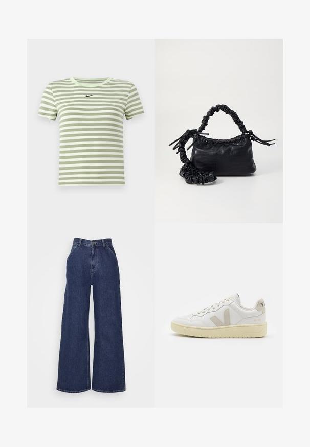 Žaliai ir baltai dryžuota marškinėlių su trumpomis rankovėmis, apvaliu iškirpimu, su mažuoju juodu Nike logotipu krūtinėje. Minkšta medvilnės medžiaga.; Plati šlaunų džinsai tamsiai mėlynos spalvos, su aukštu liemeniu, priekinėmis kišenėmis ir užtrauktuku su metaline mygtuko uždarymo sistema. Sklandus paviršius ir klasikinis dizainas.; Balti odiniai sportbačiai su kreminiais zomšos akcentais, perforuota pirštų dalimi, plokščiomis raišteliais ir struktūruota kreminėmis padomis. Ant kulno yra subtilus ženklinimas.; Juodas dirbtinės odos rankinė su krokodilo tekstūra, sušnibždinta viršuje ir susikraipytu dirželiu. Atrodo minkšta ir kompaktiška.