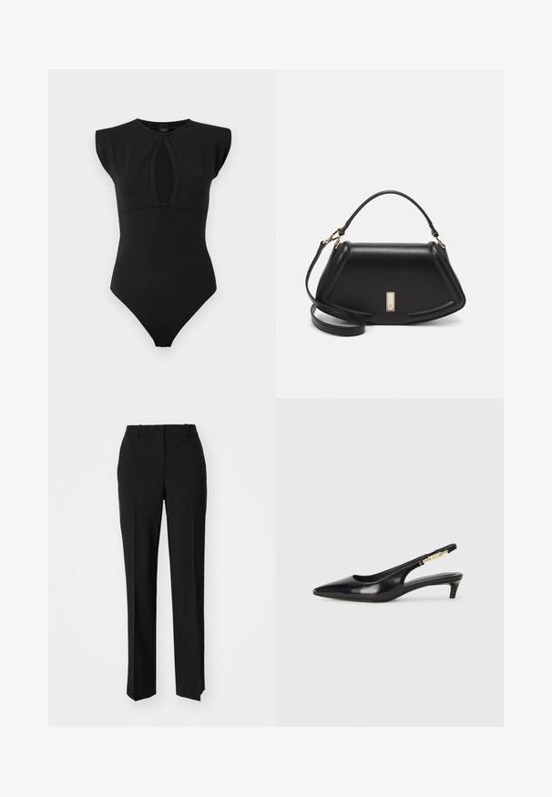 Body nero con design senza maniche, caratterizzato da un'apertura frontale e un tessuto liscio e elasticizzato. Ha una forma aderente e dettagli di cucitura minimi.; Pantaloni neri su misura con un design a gamba dritta, caratterizzati da una texture liscia e pieghe ben definite sul davanti. Senza hardware visibile.; Tacchi slingback in pelle nera con punta affusolata, caratterizzati da un tacco alto e un accento dorato sulla cinghia regolabile. Texture liscia.; Borsa a mano in pelle nera con un design strutturato, caratterizzata da una forma corta, manico superiore e accessori in metallo dorato. Inclusa tracolla regolabile.