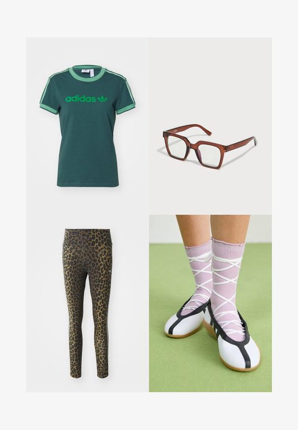 adidas Originals GRAPHIC BADGE SLIM 3-STRIPES - Print T-shirt - mineral green; Leopard print leggings featuring a high waistband, stretchy fabric, and black accents on a light brown base, designed for comfort and fit.; White flat shoes with a black trim and sole, paired with light purple ribbed socks featuring white crisscross straps. Set on a green background.; Brown oversized rectangular glasses with clear lenses and a slight pink tint on the right lens. Plastic frame with smooth texture.