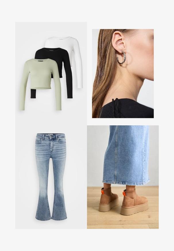 Even&Odd Petite 3 PACK - Camisola de manga comprida - black/white/light green; Calças de ganga azuis claras, com corte à boca de sino, apresentando um design clássico de cinco bolsos, fecho frontal com zipper e um efeito de desbotado suave ao longo das coxas.; Botas plataforma em camurça castanha com painéis laterais elásticos e puxadores laranja, combinadas com uma saia de ganga clara até ao joelho, em um chão de madeira.; Brinco de argola prateada com acabamento polido, apresentando pequenos detalhes em dourado e uma forma redonda, usado na orelha.