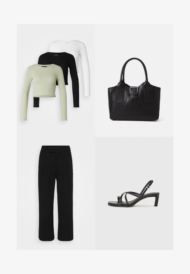 Even&Odd Petite 3 PACK - Majica z dolgimi rokavi - black/white/light green; Črne široke hlače iz gladkega materiala, z ravnim sprednjim delom, zanko za pas in brez vidnih žepov. Čist, krojen dizajn.; Črne natikače s trakovi in kvadratnim prstom ter nizkim blokastim peto. Imajo več tankih trakov in nastavljiv trak okoli gležnja. Narejene so iz gladkega usnja.; Črna usnjena torba s gladko teksturo, strukturirano obliko, dvema ročkama in izrazitim srebrnim sponko na sprednji strani.