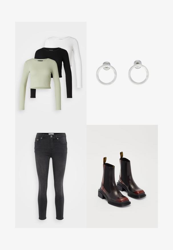 Even&Odd Petite 3 PACK - Topper langermet - black/white/light green; Sorte slim jeans laget av denim. Har en frontknappåpning og lommer med glidelås i midjen. Glatt tekstur med minimal falming.; Dr. Martens MAYBOLE CHELSEA - Platåstøvletter - black/cherry red; Sølvmetall hoop øreringer med børstet tekstur, med en sirkulær design og klar feste bak for sikker bruk.