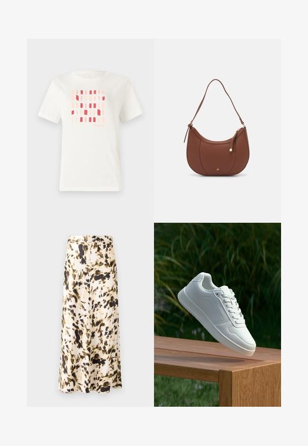 Hvid bomulds t-shirt med et geometrisk mønster af rektangulære former i nuancer af pink og rød. Rund hals og korte ærmer.; En knælang nederdel i et let stof med et abstrakt mønster i beige, brun og grøn. Har en tætsiddende talje og en bølgende design.; Hvid sneaker med en glat syntetisk overdel, perforeret tåboks, flade snørebånd og en tekstureret sål, præsenteret på en træoverflade.; Brun faux læder skuldertaske med buet form, minimal syning og en guldtonet hardwaredetalje. Har en top lynlåslukning og justerbar rem.